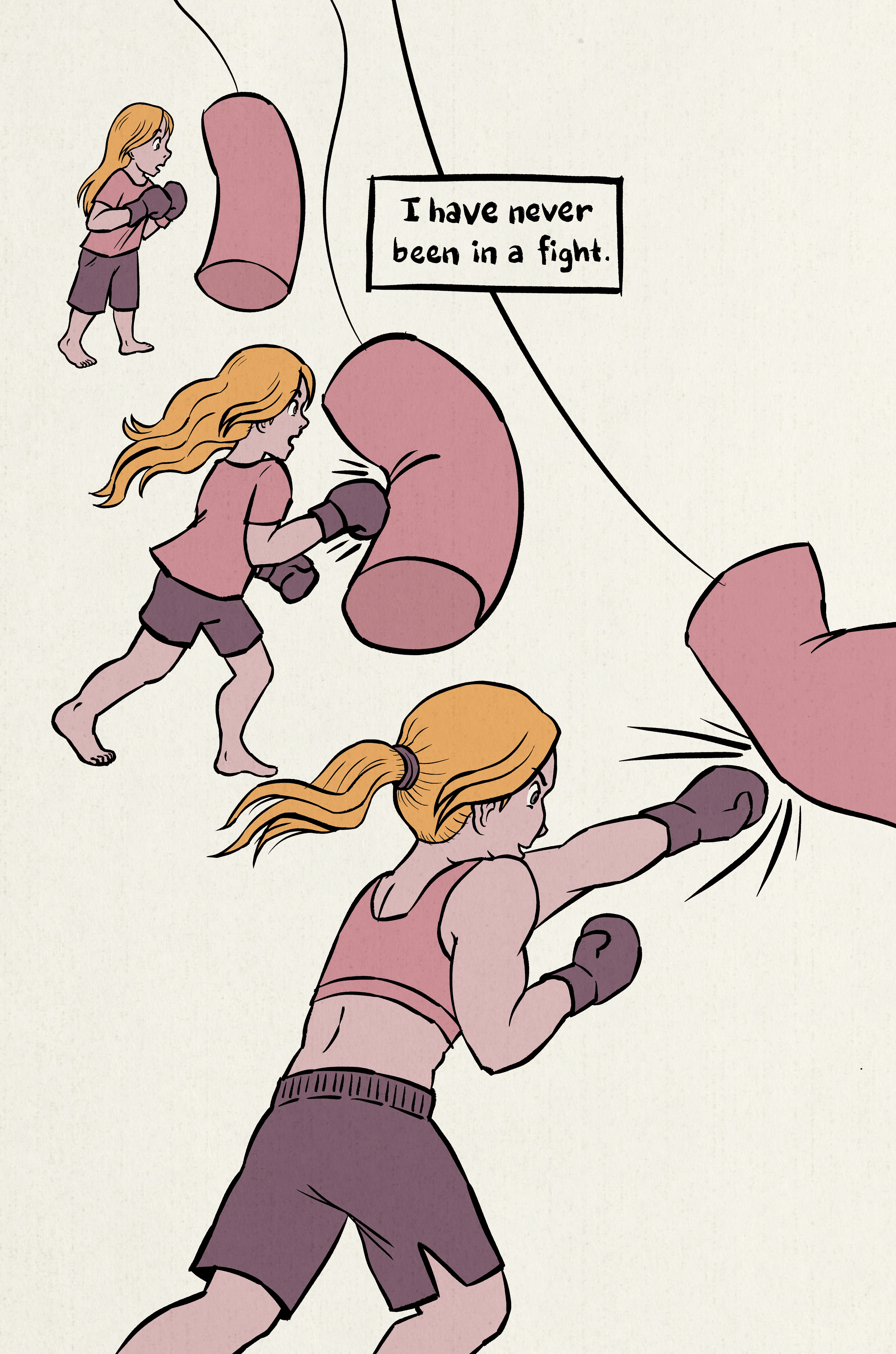Narration: "I have never been in a fight."
A full bleed page showing a montage of the little girl growing up and landing stronger and stronger punches at a punching bag. By the end of the page, she is an adult boxer.
