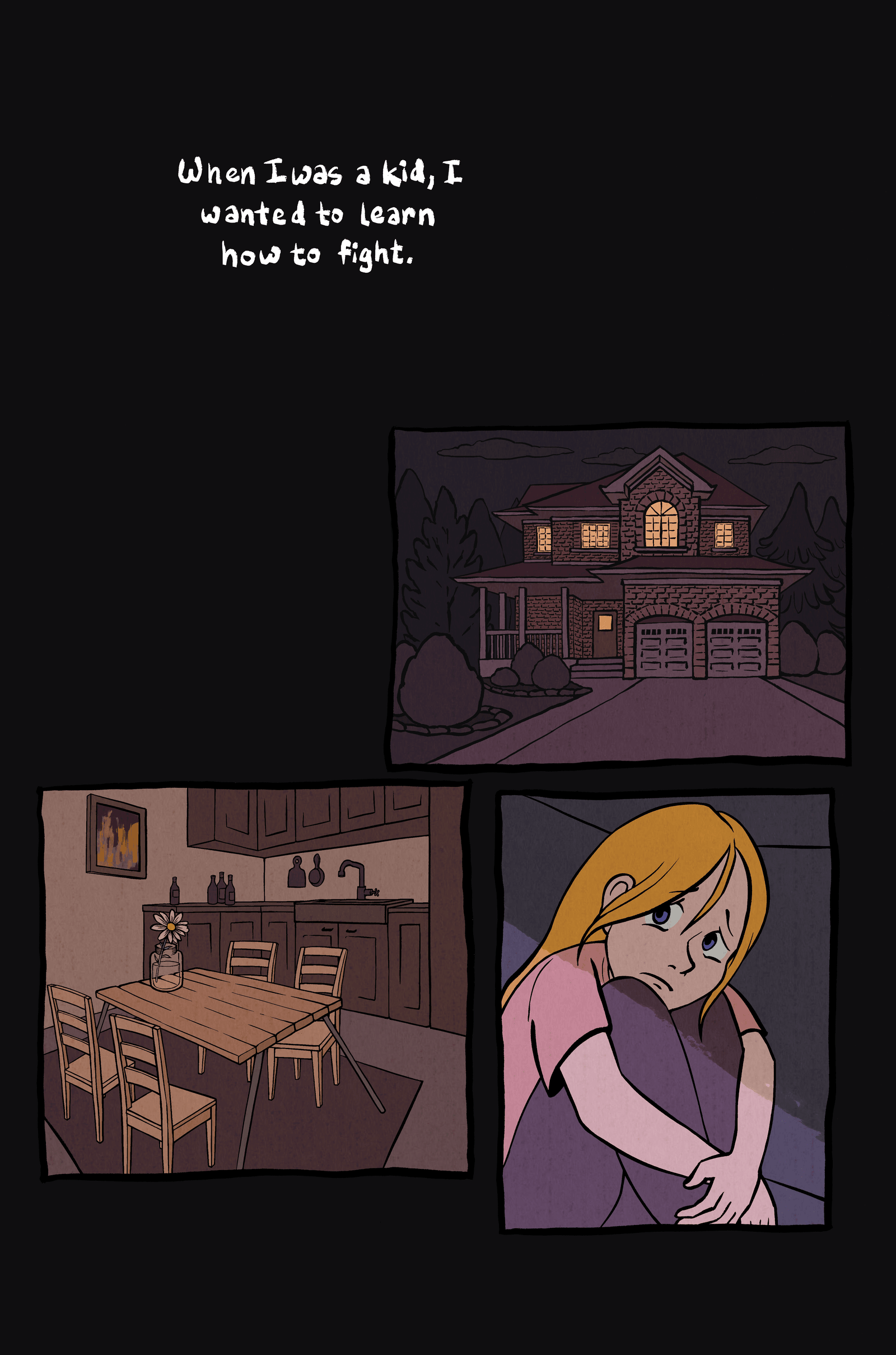 Narration: When I was a kid, I wanted to learn how to fight.
1. Opening shot of a suburban house at night.
2. Shot of an empty dining room.
3. A little girl with blonde hair hides in an enclosed space, looking worried.
