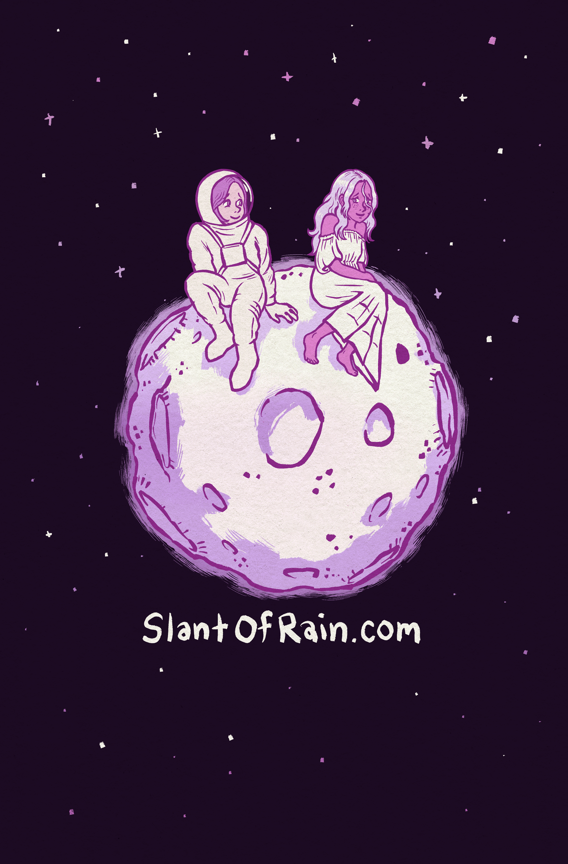 Back cover. The two girls sit together atop a small moon against a starry sky. Text: SlantOfRain.com