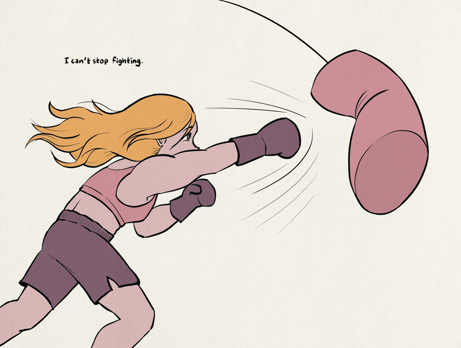 2-page spread of the narrator throwing a hard punch at a punching bag with a stoic face. Narration: "I can't stop fighting."