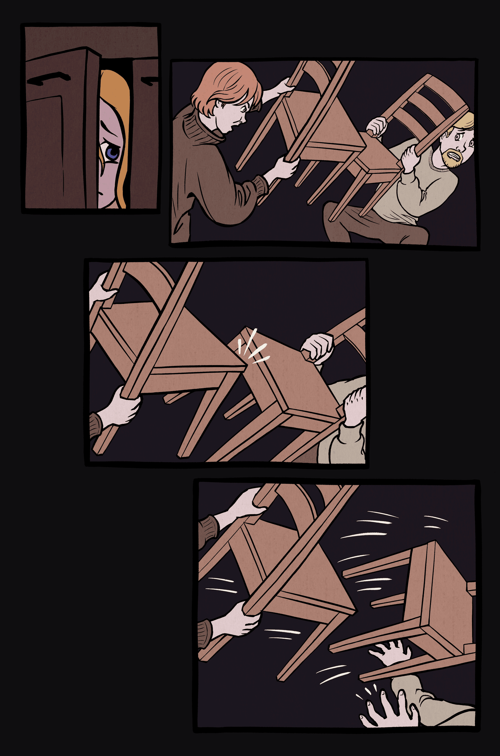 1. Little girl peaks out of cabinet door.
2. Mom and Dad are fighting by holding up chairs. Mom looks angry, and dad looks worried.
3. Dad holds his chair as a shield to defend against a hit from another chair.
4. Another chair hit towards Dad, but this time, the chair Dad is holding is knocked out of his hands.
