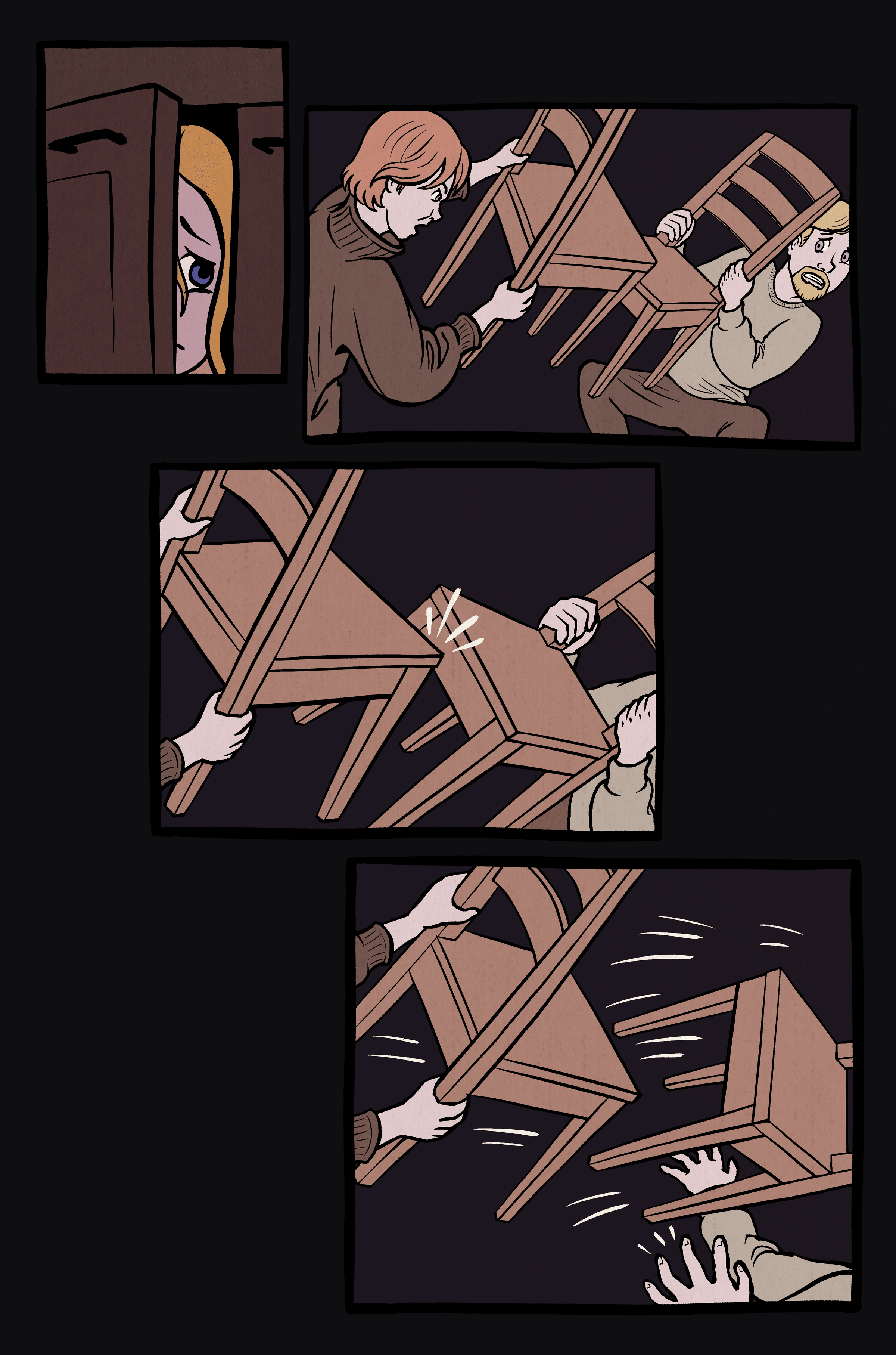 1. Little girl peaks out of cabinet door.
2. Mom and Dad are fighting by holding up chairs. Mom looks angry, and dad looks worried.
3. Dad holds his chair as a shield to defend against a hit from another chair.
4. Another chair hit towards Dad, but this time, the chair Dad is holding is knocked out of his hands.