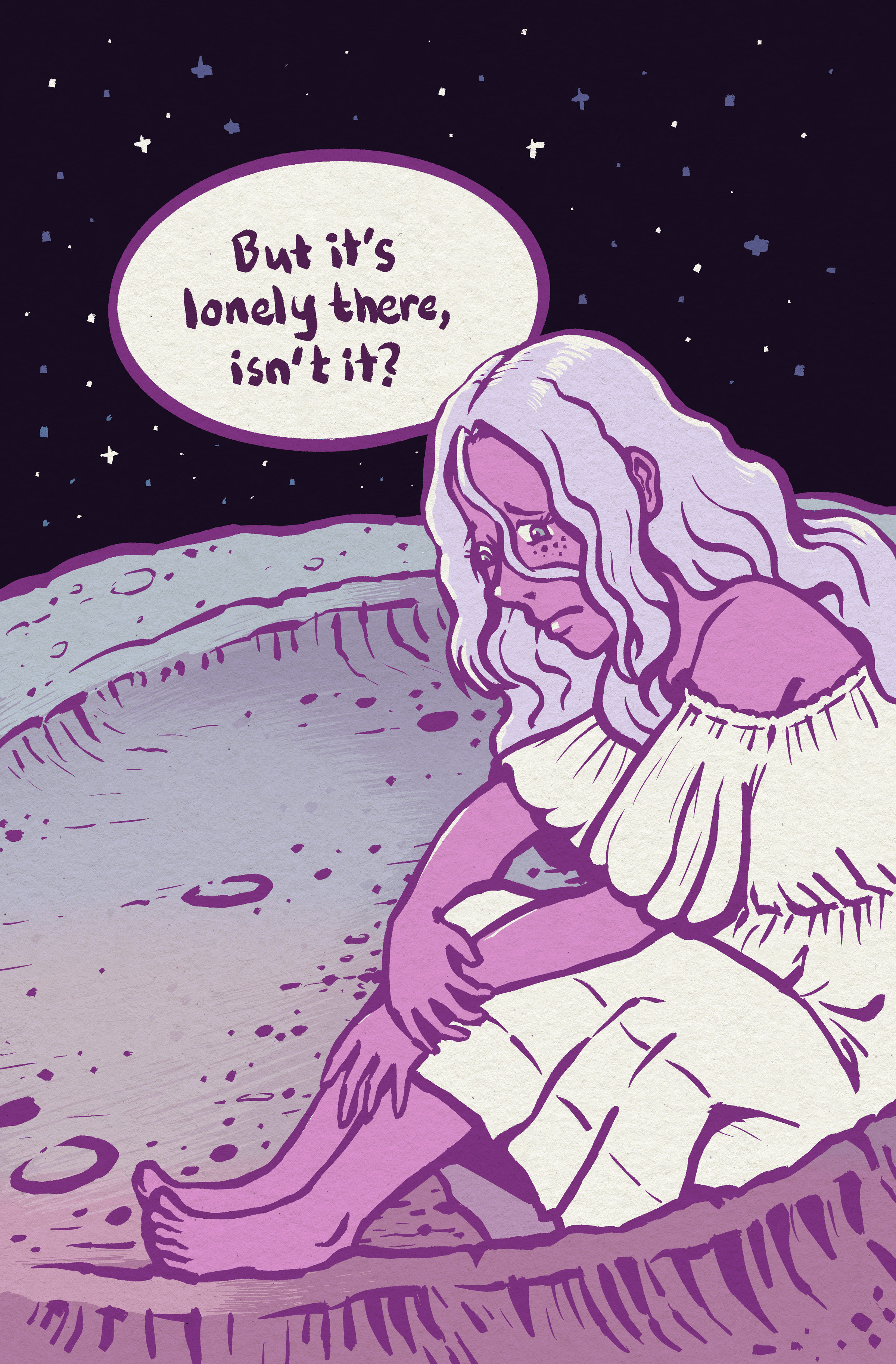 The same girl sits alone inside a crater, knees drawn up, looking down.
Earth girl (off-panel): "But it's lonely there, isn't it?"