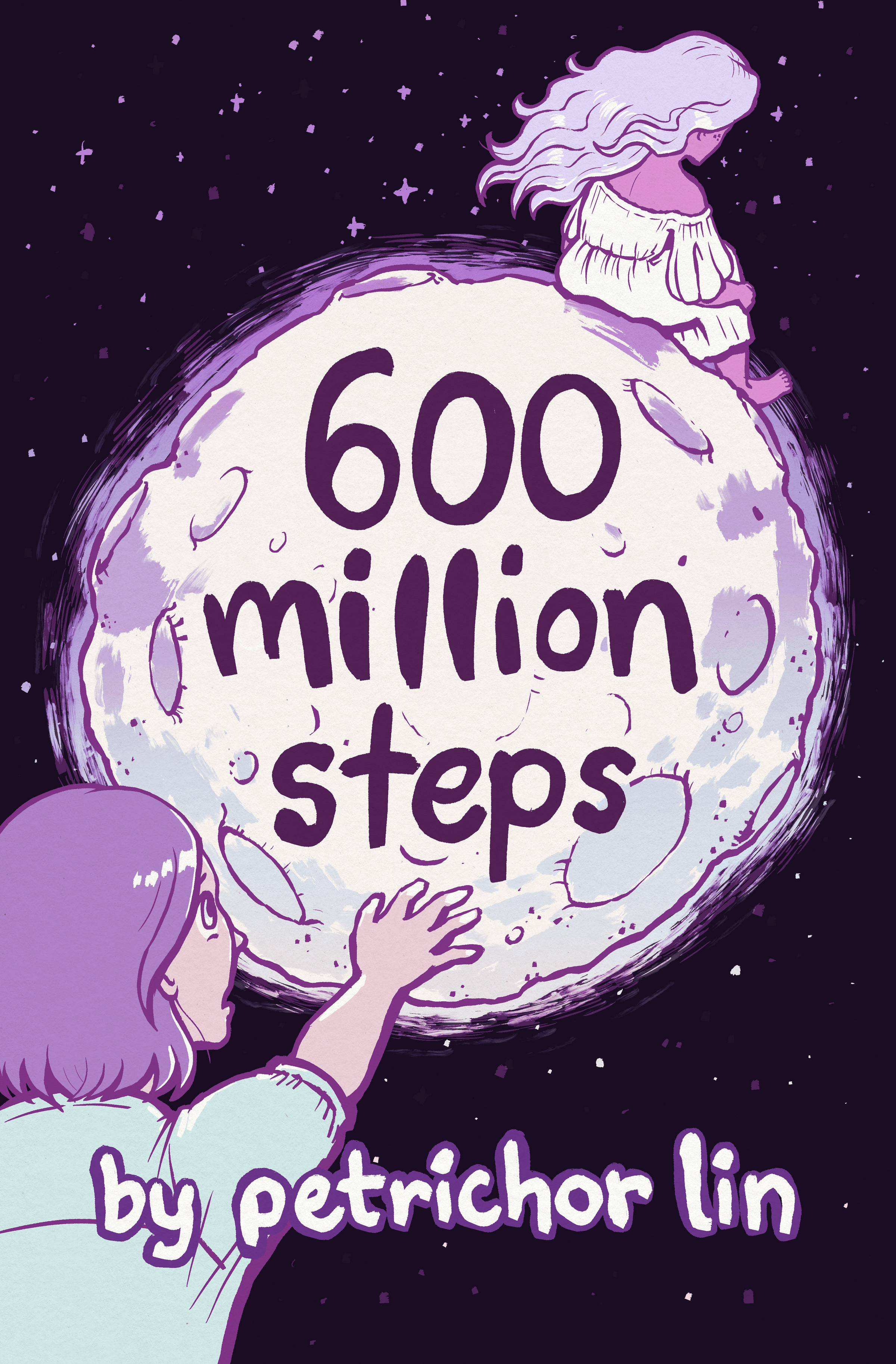 Comic cover. A girl with short hair reaches toward a glowing full moon. Another girl with long wavy hair sits on the moon's edge. Title on the moon: 600 million steps. Credit: by petrichor lin