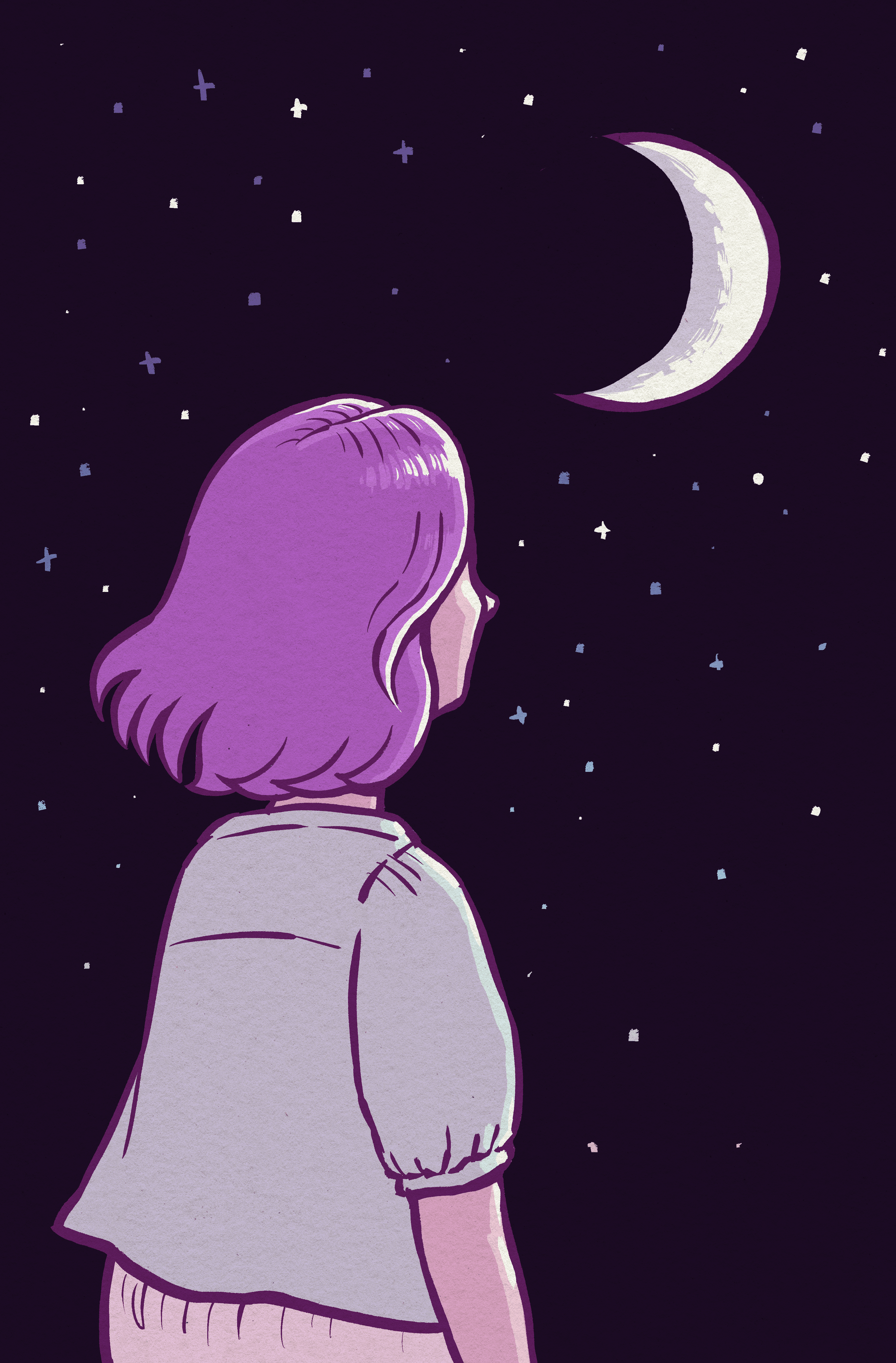 The girl with short hair (Earth girl) stares at the moon from Earth.