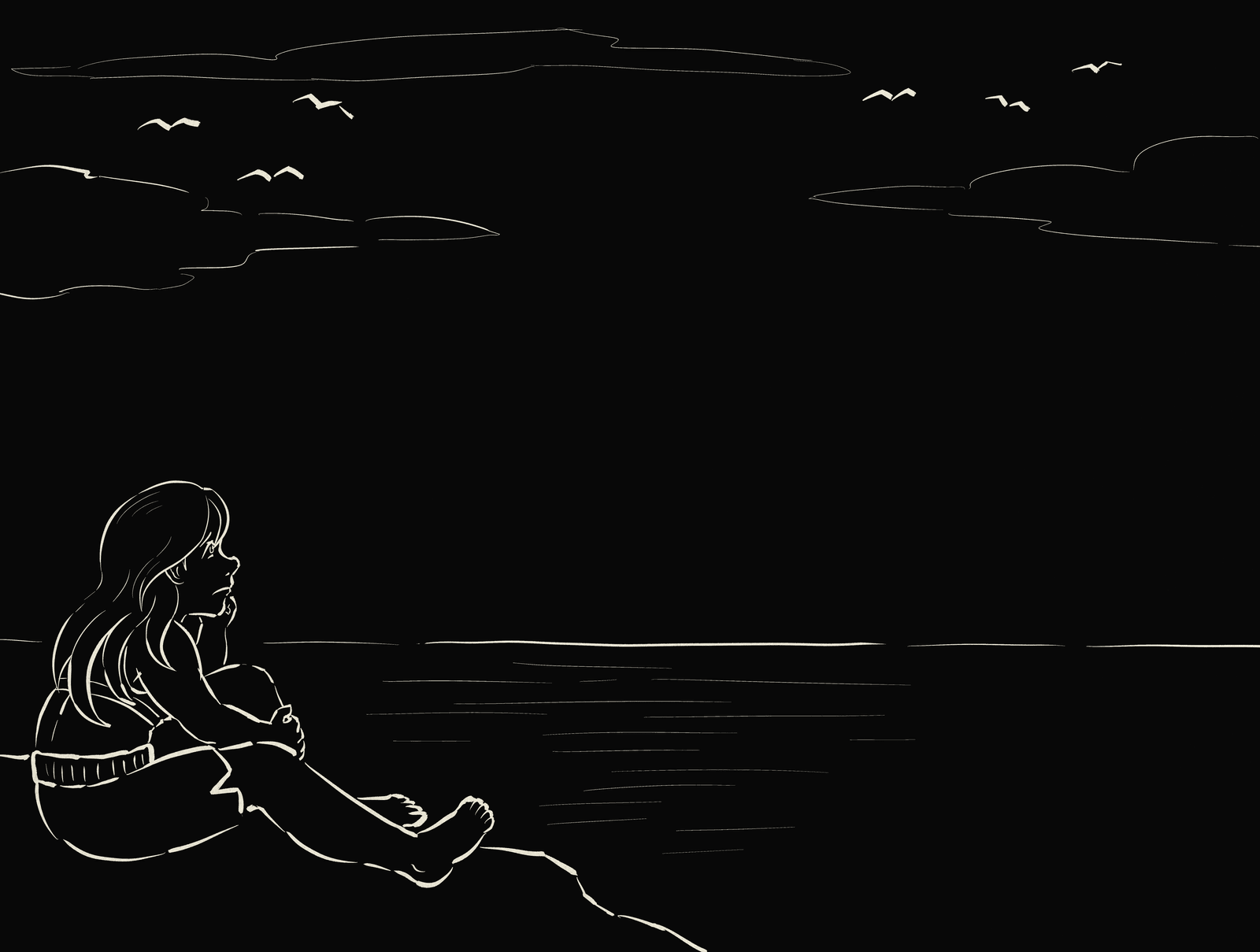 2-page black and white spread. Narrator looks over a calm ocean as birds fly into the distance.