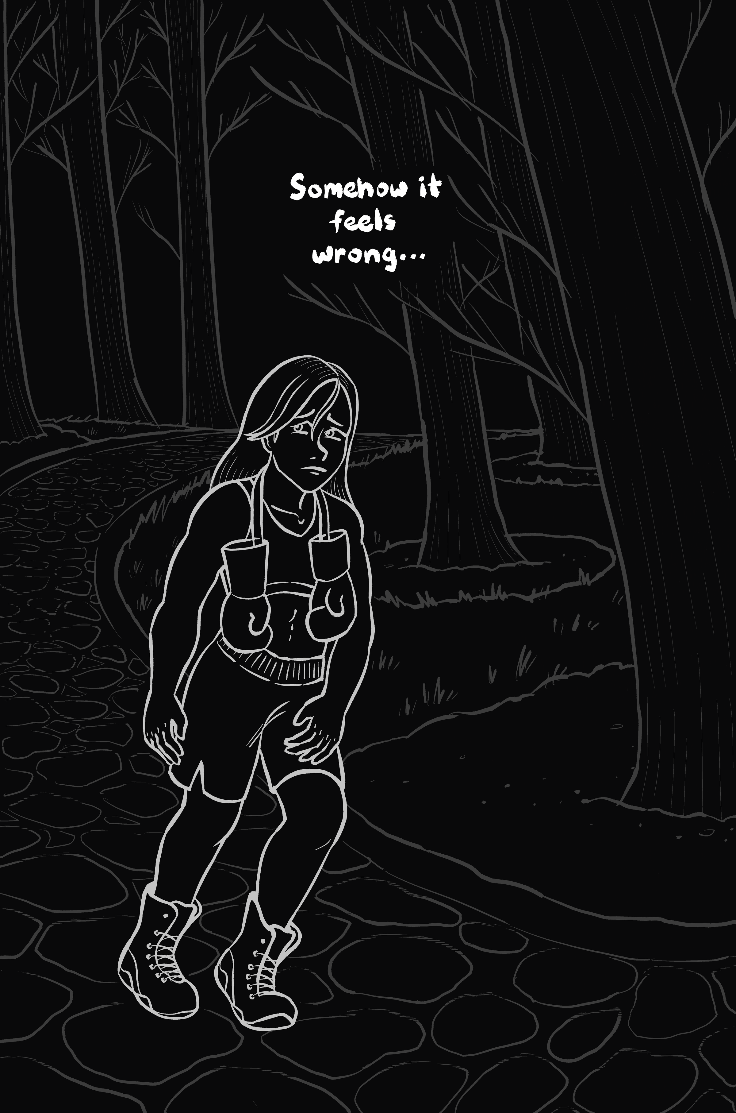 Full bleed page with black and white art. Our narrator is shown walking through a park with a sad face. Narration: "Somehow it feels wrong..."